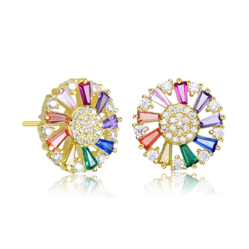 ROZZATO  Sterling Silver Plated Multi Colored Cubic Zirconia Stud Earrings In Gold