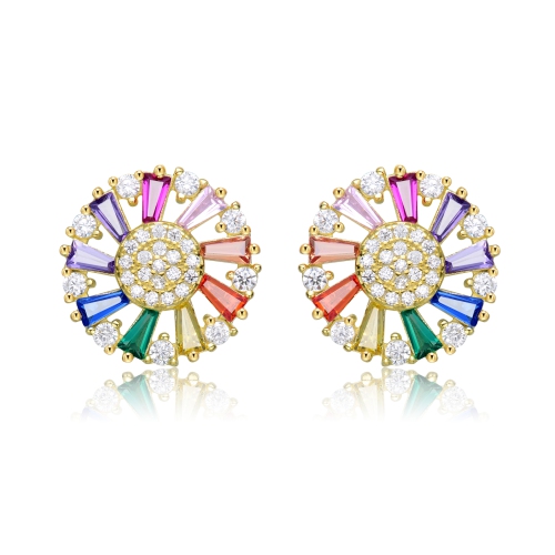Rozzato Sterling Silver Gold Plated Multi Colored Cubic Zirconia Stud Earrings