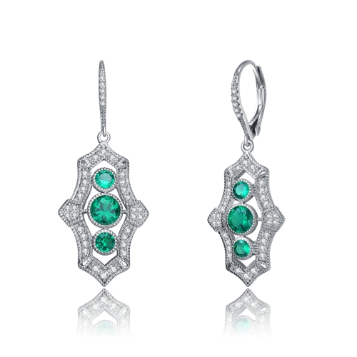 Rozzato Sterling Silver Emerald Cubic Zirconia Leverback Drop Earrings