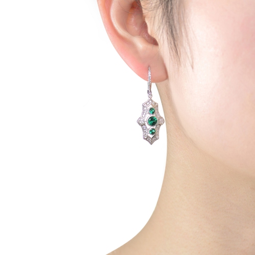 Rozzato Sterling Silver Emerald Cubic Zirconia Leverback Drop Earrings