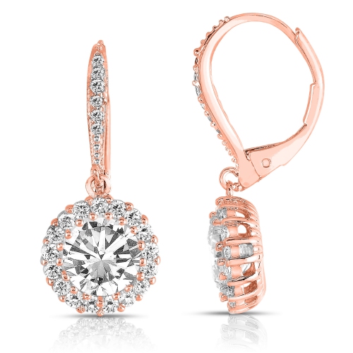 Rozzato Sterling Silver Rose Gold Plated Cubic Zirconia Round Dangling Earrings