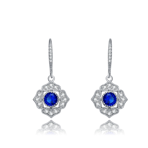 Rozzato Sterling Silver Sapphire Cubic Zirconia Petal Flower Drop Earrings