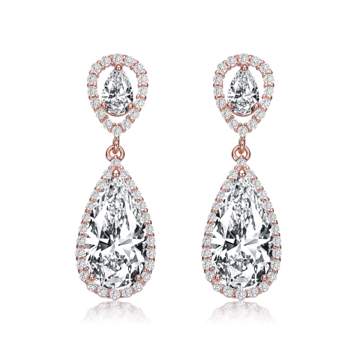 Rozzato Sterling Silver Rose Gold Plated Cubic Zirconia Halo Drop Earrings