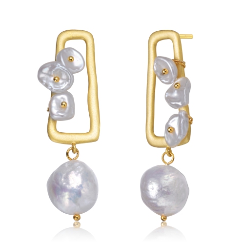 Rozzato Sterling Silver Gold Plated Freshwater Pearl Drop Earrings
