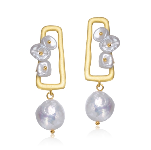 Rozzato Sterling Silver Gold Plated Freshwater Pearl Drop Earrings
