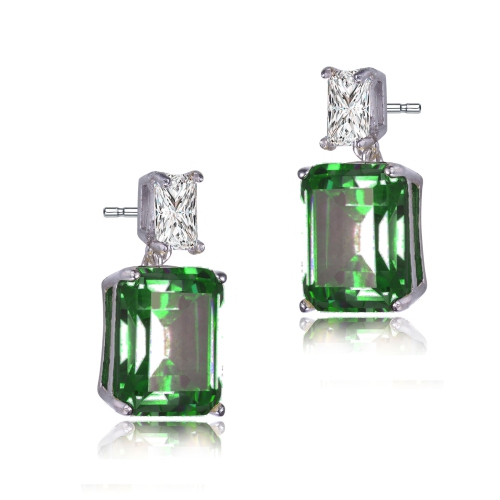 Rozzato Sterling Silver Emerald Cubic Zirconia Rectangle Stud Earrings