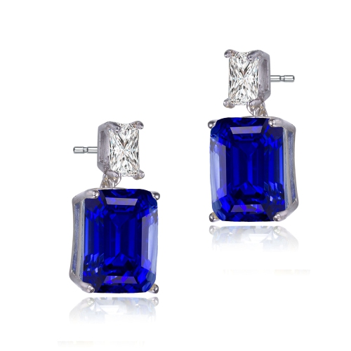 Rozzato Sterling Silver Sapphire Cubic Zirconia Rectangle Stud Earrings