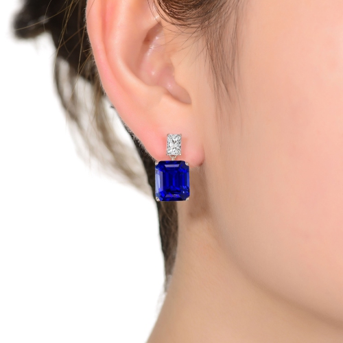 Rozzato Sterling Silver Sapphire Cubic Zirconia Rectangle Stud Earrings