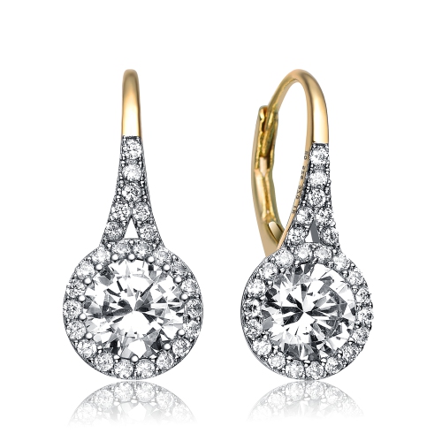 Rozzato Sterling Silver Gold Plated Cubic Zirconia Halo Leverback Drop Earrings