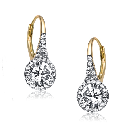 Rozzato Sterling Silver Gold Plated Cubic Zirconia Halo Leverback Drop Earrings