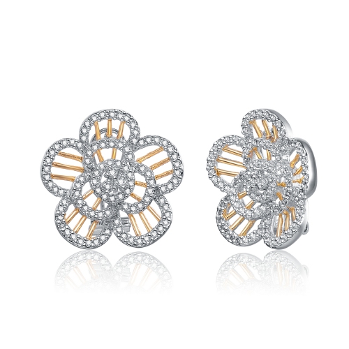 Rozzato Sterling Silver Two Tone Cubic Zirconia Flower Stud Earrings