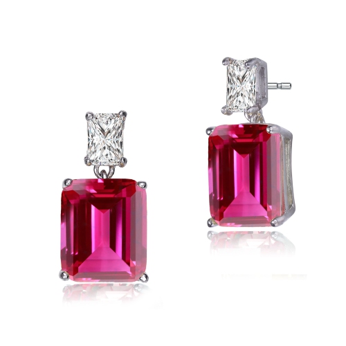 Rozzato Sterling Silver Ruby Cubic Zirconia Rectangle Stud Earrings