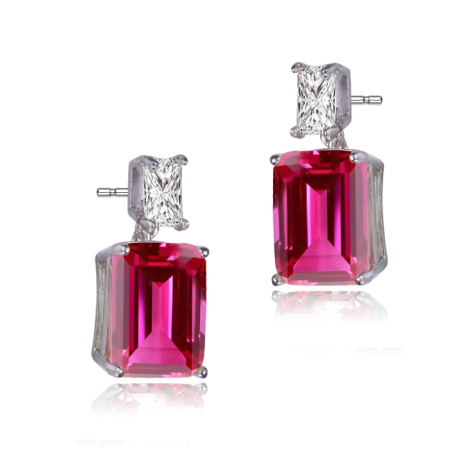 Rozzato Sterling Silver Ruby Cubic Zirconia Rectangle Stud Earrings