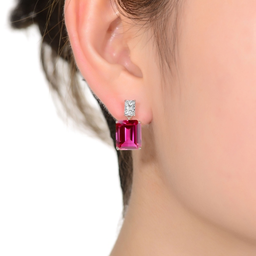 Rozzato Sterling Silver Ruby Cubic Zirconia Rectangle Stud Earrings