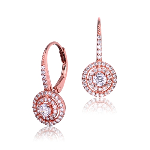Rozzato Sterling Silver Rose Gold Plated Cubic Zirconia Double Halo Earrings