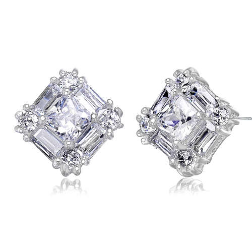 Rozzato Sterling Silver Rose Gold Plated Cubic Zirconia Square Stud Earrings