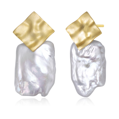 Rozzato Sterling Silver Gold Plated Freshwater Pearl Drop Square Earrings