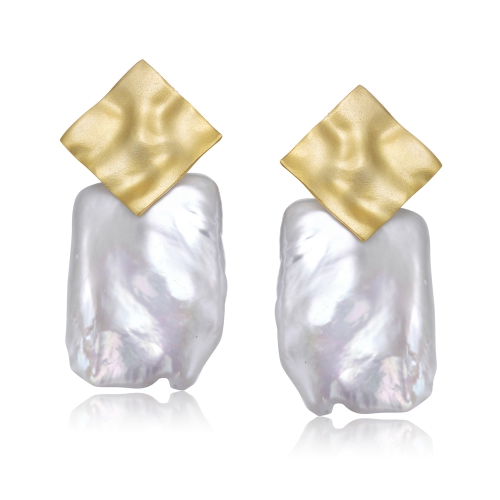 Rozzato Sterling Silver Gold Plated Freshwater Pearl Drop Square Earrings