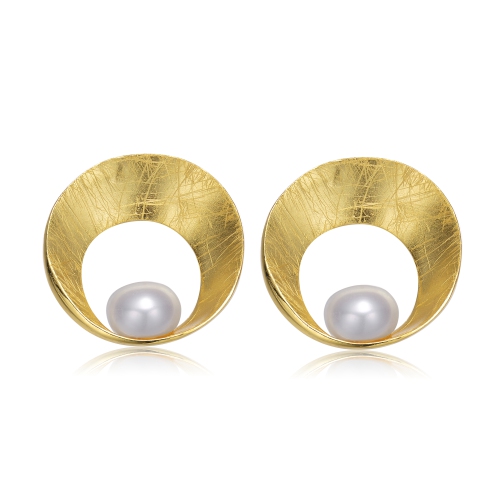 Rozzato Sterling Silver Gold Plated Freshwater Round Pearl Stud Earrings