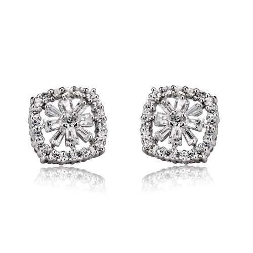 ROZZATO  Sterling Cubic Zirconia Flower Square Stud Earrings In Silver