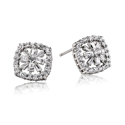 Rozzato Sterling Silver Cubic Zirconia Flower Square Stud Earrings