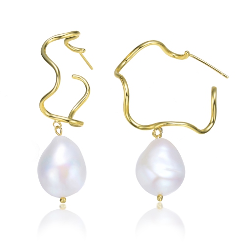 Rozzato Sterling Silver Gold Plating Freshwater Pearl Curvy Hoop Earrings