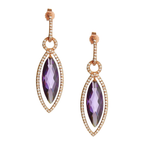 Rozzato Sterling Silver Rose Gold Plated Amethyst Cubic Zirconia Teardrop Earrings