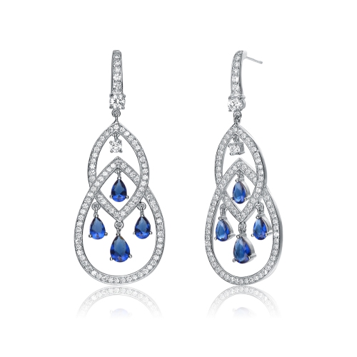 Rozzato Sterling Silver Sapphire Cz Double Teardrop Chandelier Earrings