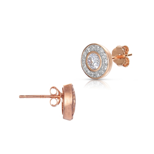 Rozzato Sterling Silver Rose Gold Plated Cubic Zirconia Round Stud Earrings
