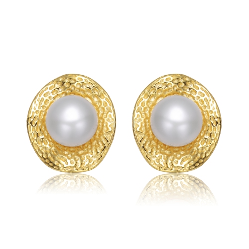 Rozzato Sterling Silver Gold Plated Freshwater Pearl Hammered Stud Earrings