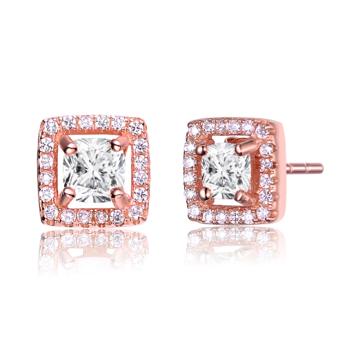ROZZATO  Sterling Silver Rose Plated Cubic Zirconia Square Halo Stud Earrings In Gold