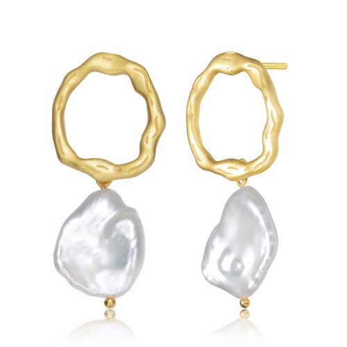 Rozzato Sterling Silver Gold Plated Freshwater Pearl Drop Round Earrings