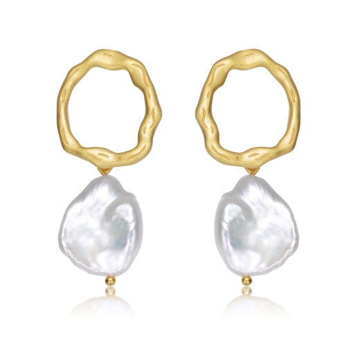 Rozzato Sterling Silver Gold Plated Freshwater Pearl Drop Round Earrings