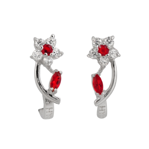 Rozzato Sterling Silver Ruby Cubic Zirconia Flower Huggie Earrings
