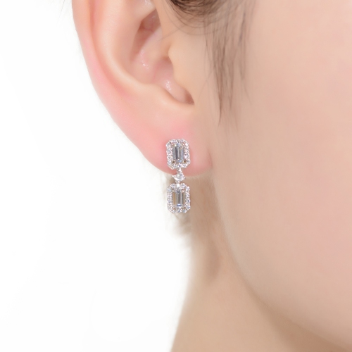 Rozzato Sterling Silver Cubic Zirconia Rectangular Halo Drop Earrings