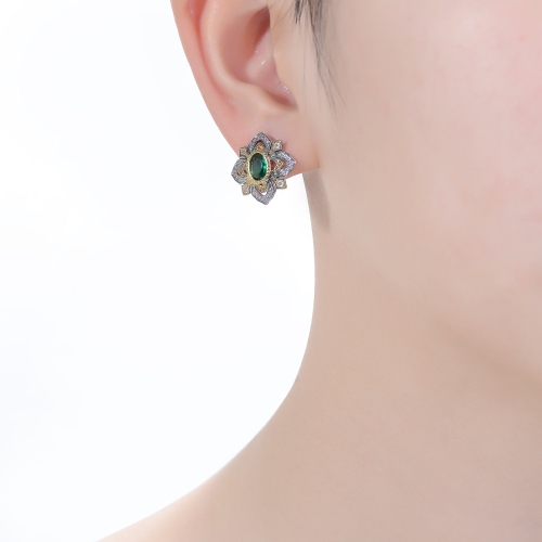 Rozzato Rhodium And 14k Gold Plated Emerald Cubic Zirconia Stud Earrings