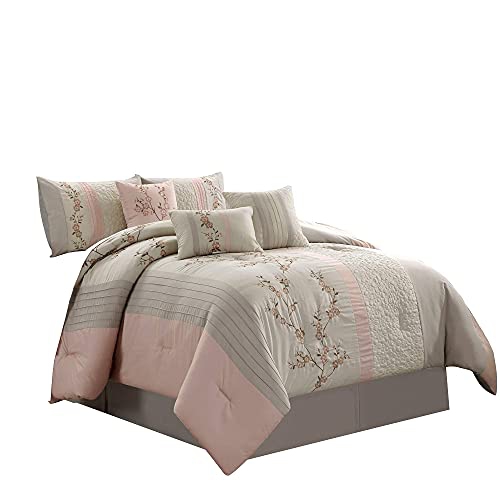 Chezmoi Collection Linnea 7 Piece Luxury Blush Taupe Cherry Blossom Floral Embroidery Comforter
