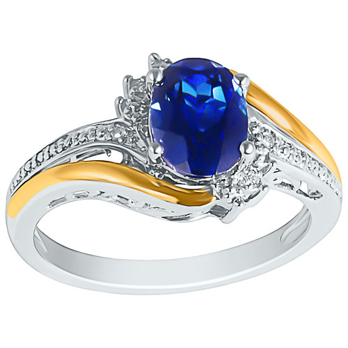 Birthstone Blue Oval Created-Sapphire & 0.01 ctw Diamond Ring in 10K Gold & Silver - Size 7