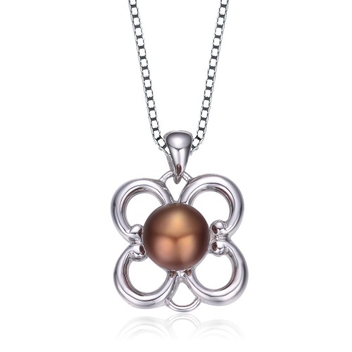 Image 1 de 2.. Collier en forme de fleur en argent sterling avec fausse perle brune