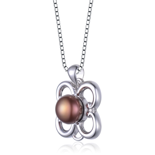 Rozzato Sterling Silver Faux Brown Pearl Flower Shape Necklace