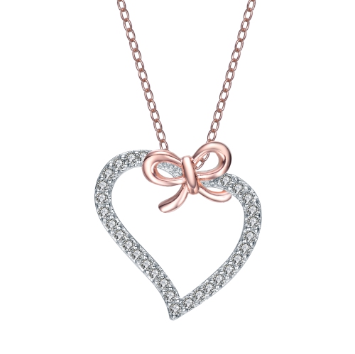 Image 1 de 2.. Collier coeur et nï¿½ud papillon en argent sterling plaquï¿½ rose avec zircone cubique
