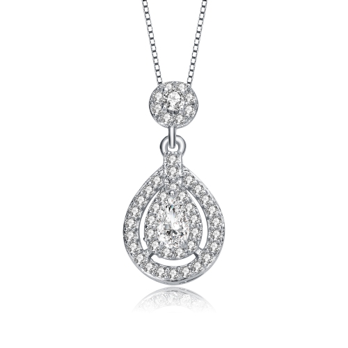 Rozzato Sterling Silver With Rhodium Plated Pear And Round Cz Accent Drop Pendant Necklace