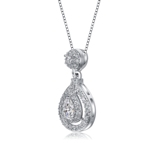 Rozzato Sterling Silver With Rhodium Plated Pear And Round Cz Accent Drop Pendant Necklace