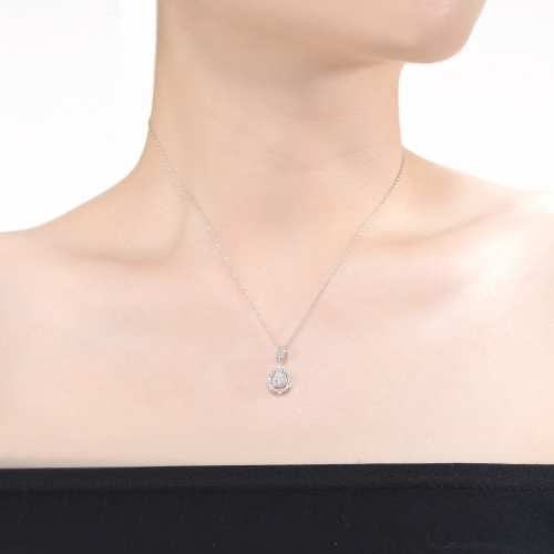 Rozzato Sterling Silver With Rhodium Plated Pear And Round Cz Accent Drop Pendant Necklace