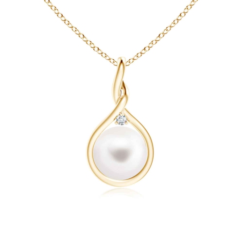 ROZZATO  Sterling Silver With Gold Plated Round Shell Pearl With Clear Cubic Zirconia Pendant Necklace In White