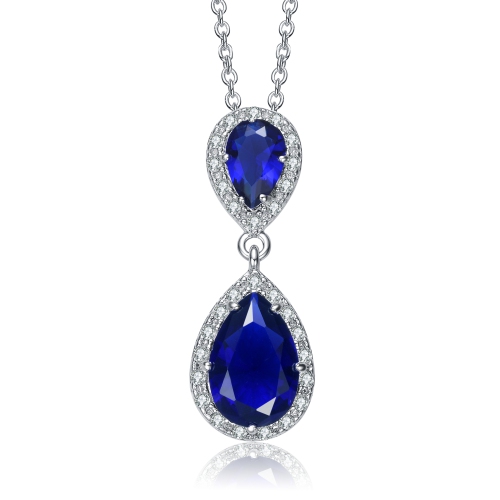 Image 1 de 3.. Collier en argent sterling avec deux poires bleu saphir plaquï¿½ rhodium et pendentif rond en zircone cubique avec halo