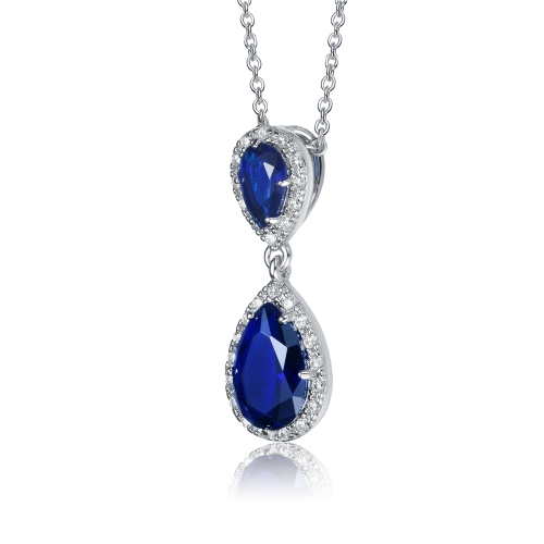 Rozzato Sterling Silver With Rhodium Plated Two Sapphire Blue Pear With Round Cubic Zirconia Halo Drop Necklace