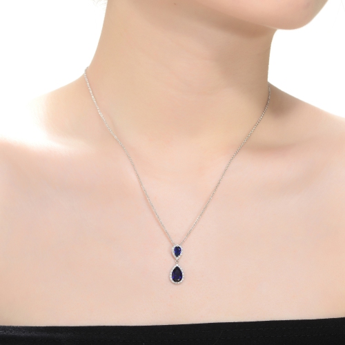 Rozzato Sterling Silver With Rhodium Plated Two Sapphire Blue Pear With Round Cubic Zirconia Halo Drop Necklace