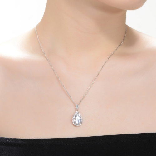 Rozzato Sterling Silver With Rhodium Plated Clear Pear With Oval And Round Cubic Zirconia Accent Drop Necklace