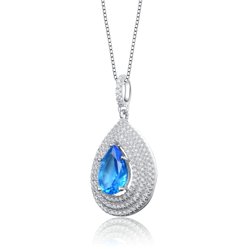 Rozzato Sterling Silver Light Blue Oval Teardrop White Cubic Zirconia Pendant